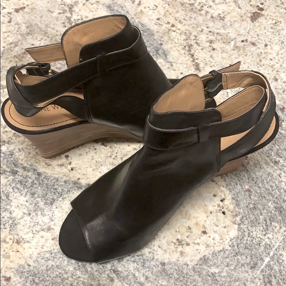 Nine West Black Leather Open-Toe Wedge Booties